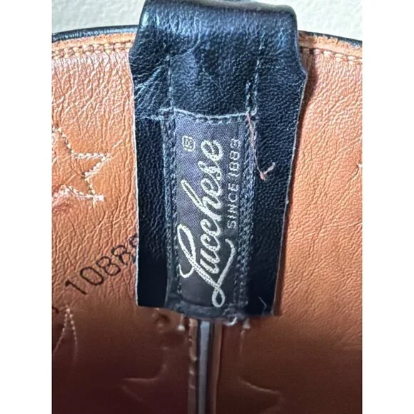 Lucchese Classics Star Inlay Cowboy Boots Black Leather USA Vintage 10.5 w/FLAW